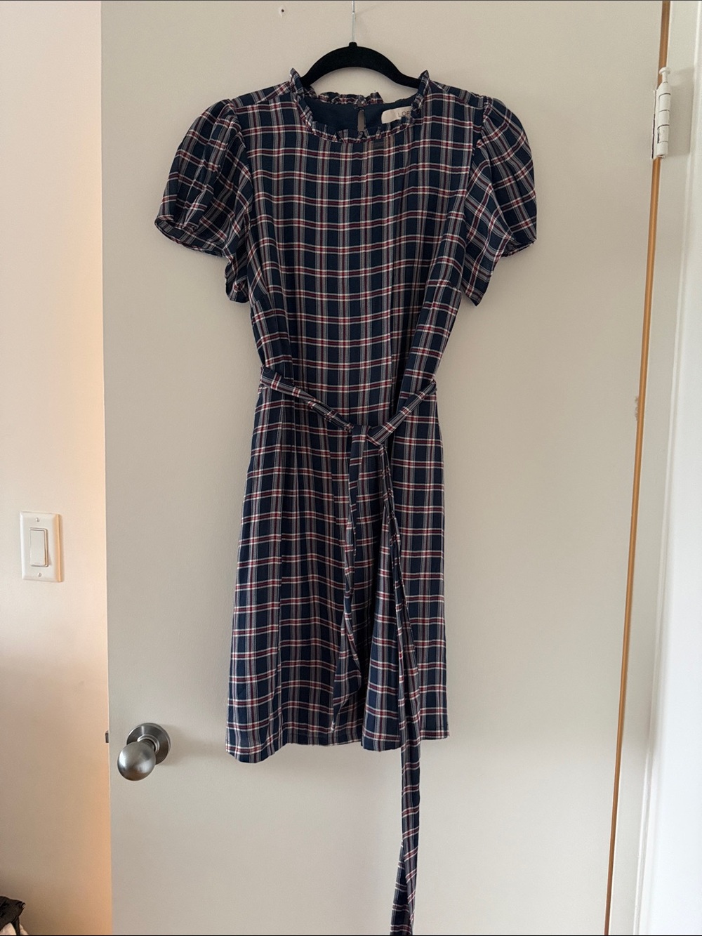 LOFT Navy Plaid Mini Dress with Red and White Accent